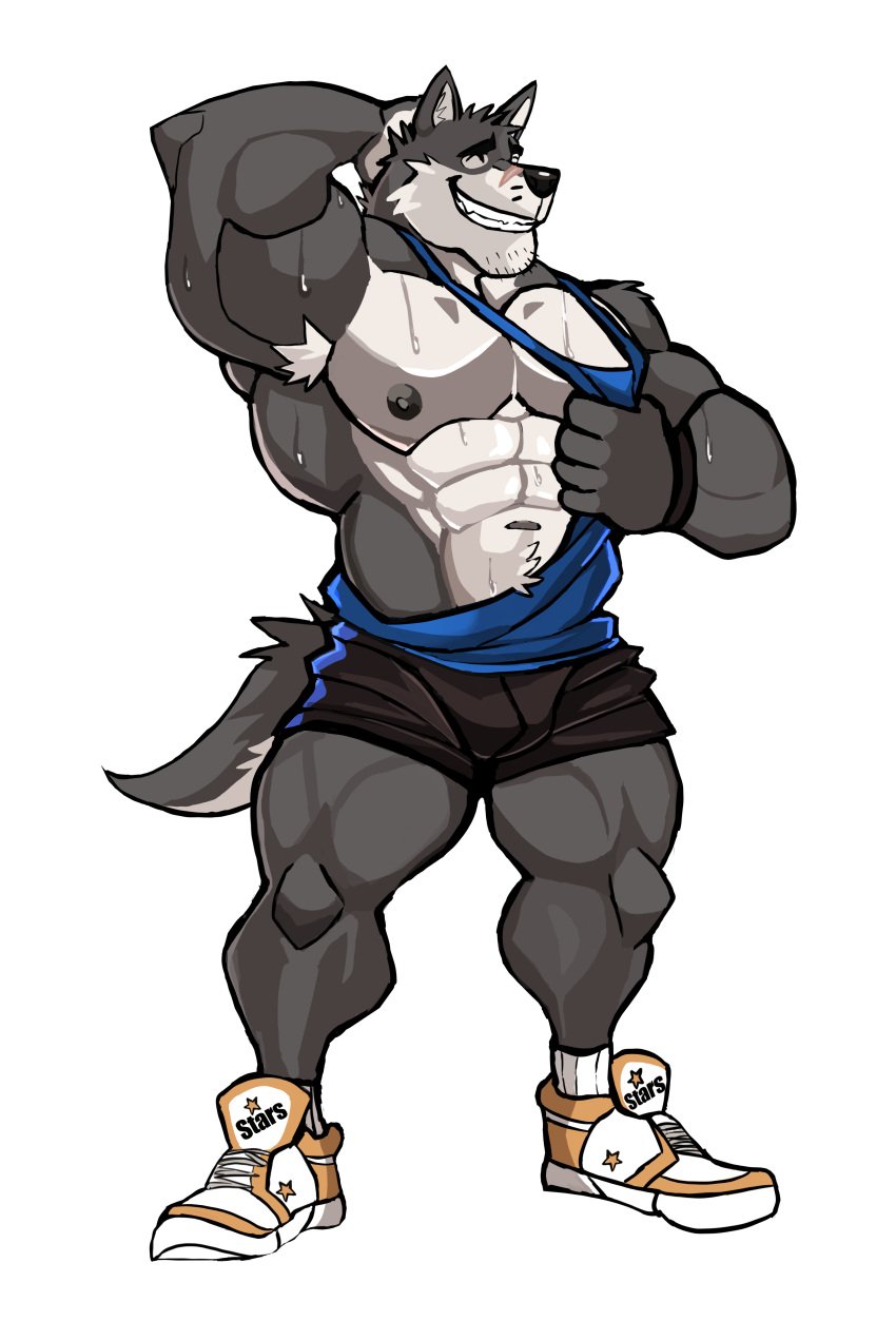 anthro balls bara barazoku bulge canine clothing darknaigart flaccid furry gay male male_only muscles muscular penis shoes solo solo_male star star_(symbol) sweat sweating wolf