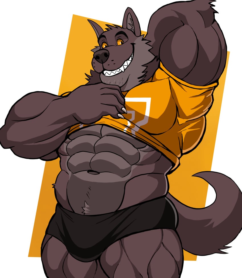 abs anthro balls bara barazoku bulge canine darknaigart flaccid furry gay male male_only muscles muscular shirt_lift solo solo_male thick_thighs wolf