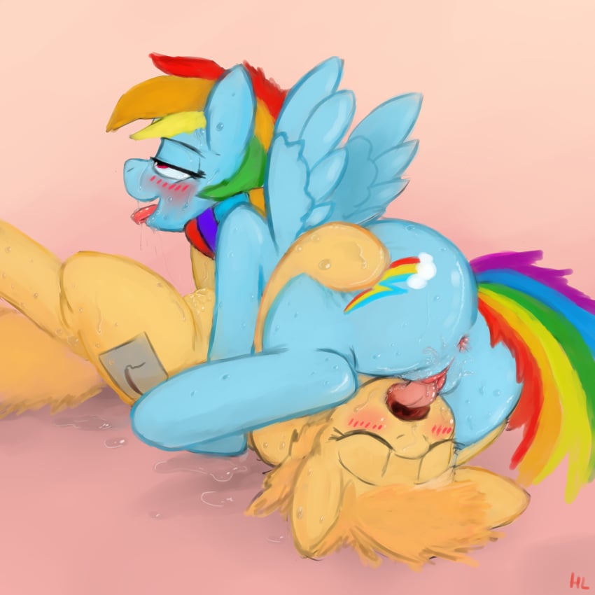 69 2013 anus blush cunnilingus equine female friendship_is_magic hair hladilnick horse licking lying messy_hair my_little_pony on_back open_mouth oral oral_sex plain_background pony pussy rainbow_dash_(mlp) sex signature straight_hair tongue vaginal_penetration wings yuri