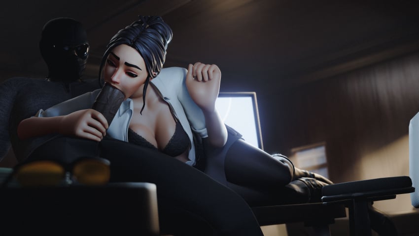 3d 3d_(artwork) asian_female big_breasts big_penis black_bra black_lingerie blowjob dark-skinned_male fortnite hairbun interracial interracial_sex light-skinned_female office_clothing office_lady office_sex pantyhose rook_(fortnite) table_sex