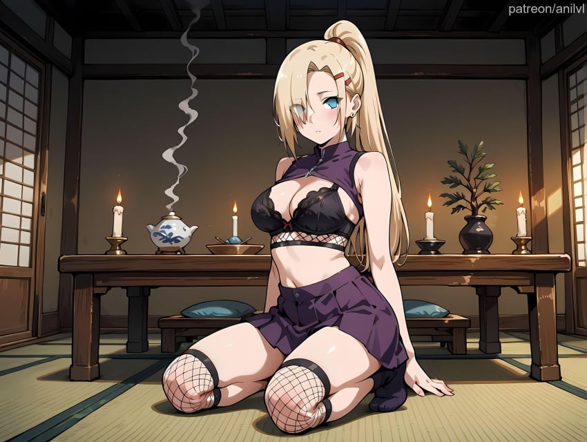 1girls ai_generated anilvl bangs bare_arms bare_shoulders black_bra black_socks blonde_hair blue_eyes blush bra breasts candle cleavage closed_mouth crop_top cushion ear_piercing earrings eyes_visible_through_hair fishnet_thighhighs fishnets full_body hair_ornament hair_over_one_eye hairclip high_ponytail indoors ino_yamanaka jewelry kneeling large_breasts long_hair looking_at_viewer medium_breasts midriff miniskirt naruto naruto_(series) naruto_shippuden navel piercing pillow pleated_skirt ponytail purple_skirt seiza shirt shouji sitting skirt sleeveless sleeveless_shirt sliding_doors smoke socks solo stomach table tatami teapot thighhighs thighs turtleneck underwear vase zabuton