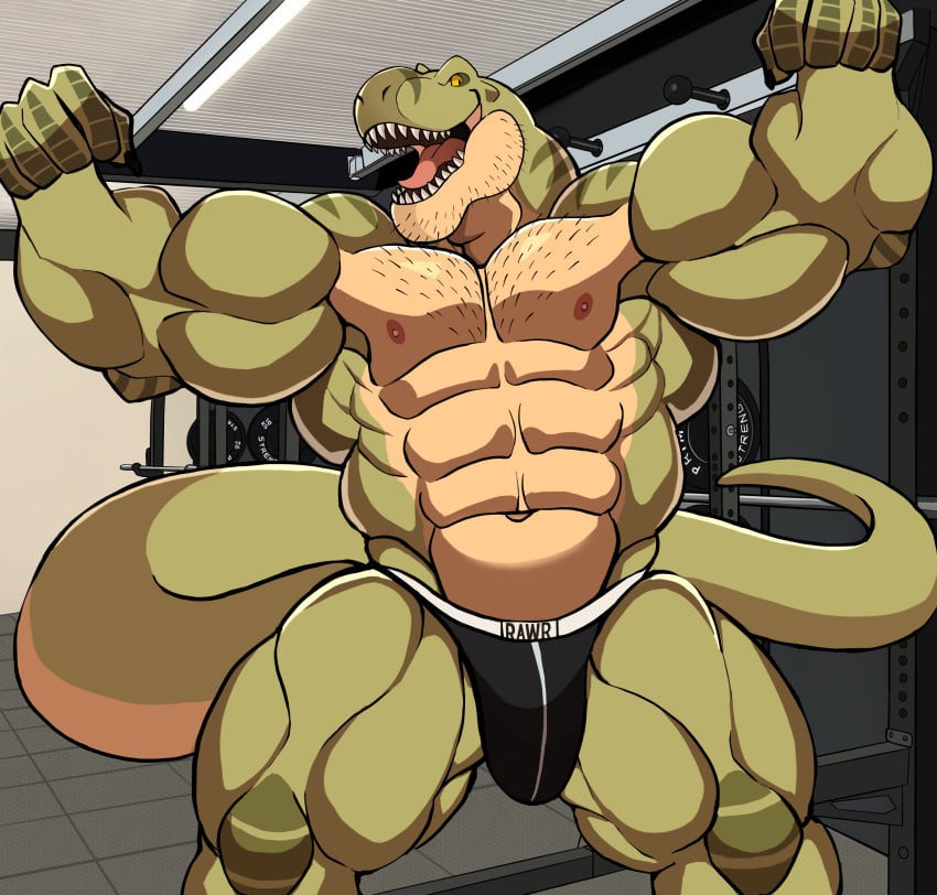 anthro balls bara barazoku bulge darknaigart dinosaur flaccid flexing jace_(darknaig) jockstrap jockstrap_only male male_only muscles muscular penis scalie solo solo_male tyrannosaurid tyrannosaurus tyrannosaurus_rex underwear underwear_only