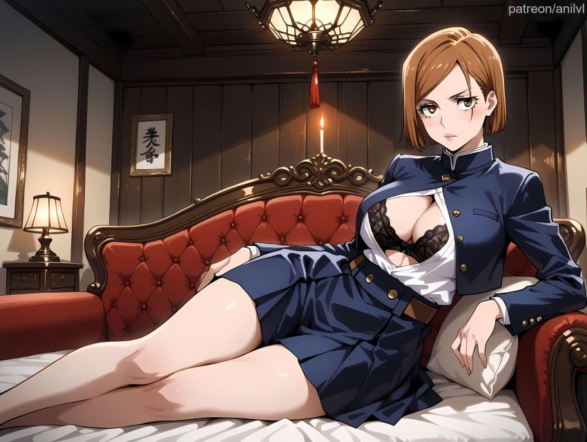 1girls ai_generated anilvl bangs bare_legs belt black_bra black_jacket blue_jacket blue_skirt blush bra breasts brown_eyes brown_hair buttons candle cleavage closed_mouth couch cropped_jacket drawing_(object) feet_out_of_frame high-waist_skirt indoors jacket jujutsu_kaisen jujutsu_tech_uniform kugisaki_nobara lace-trimmed_bra lamp lantern large_breasts lips long_sleeves looking_at_viewer lying nail on_bed on_couch on_side open_clothes open_jacket open_shirt parted_bangs partially_unbuttoned picture_frame pillow pleated_skirt school_uniform shirt shirt_tucked_in short_hair sitting skirt solo swept_bangs thighs unbuttoned unbuttoned_shirt underwear white_shirt