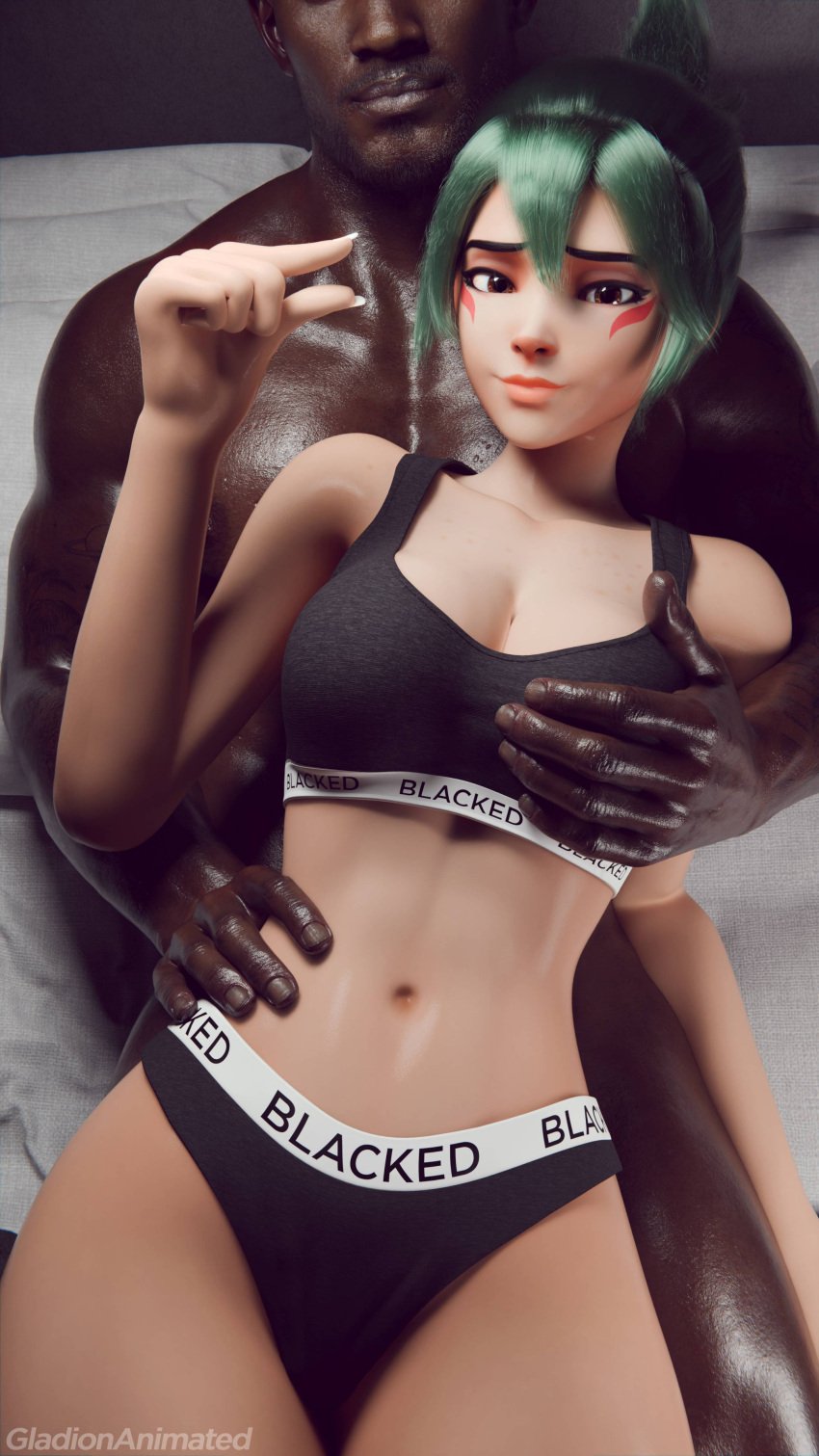 1boy 1girls 3d 3d_(artwork) asian asian_female black_underwear blacked blacked_clothing blizzard_entertainment clothed clothed_female cuckold_pov dark-skinned_male dark_skin gladionanimated green_hair green_hair_female interracial japanese japanese_female kiriko_(overwatch) looking_at_viewer overwatch overwatch_2 pinching_gesture small_penis_gesture small_penis_humiliation underwear