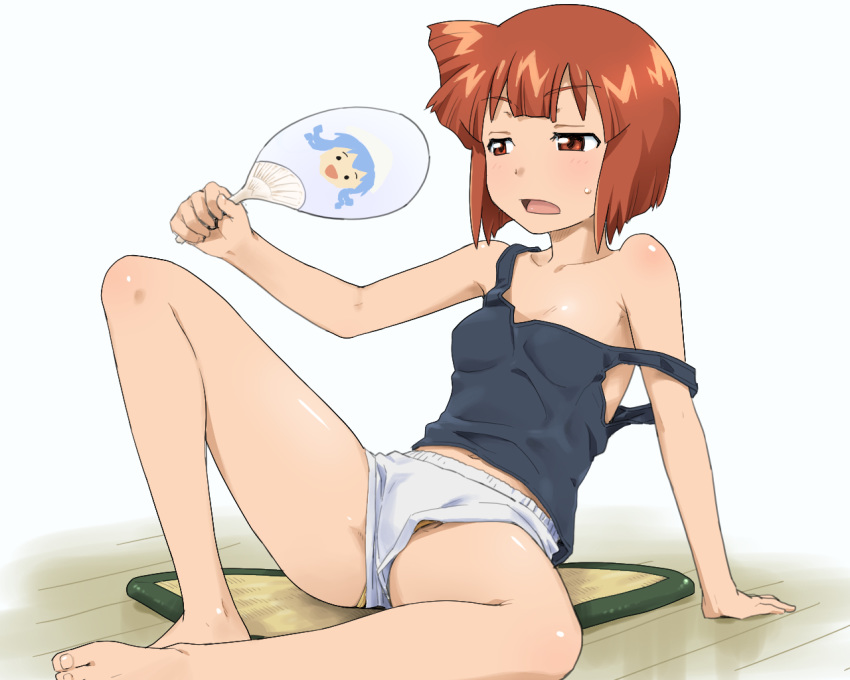 arm_support barefoot blush brown_eyes cooling_off eiko_aizawa fan holding ikamusume leaning_back open_mouth panties red_hair sakecho shinryaku!_ikamusume short_hair short_shorts shorts sitting solo strap_slip tank_top underwear yellow_panties