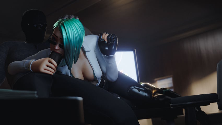 3d 3d_(artwork) big_breasts big_penis blowjob dark-skinned_male envoy_(fortnite) fortnite green_bra green_lingerie high_heel_boots interracial interracial_sex light-skinned_female looking_over_eyewear looking_over_sunglasses office_clothing office_lady office_sex sunglasses table_sex thigh_high_boots tinted_eyewear