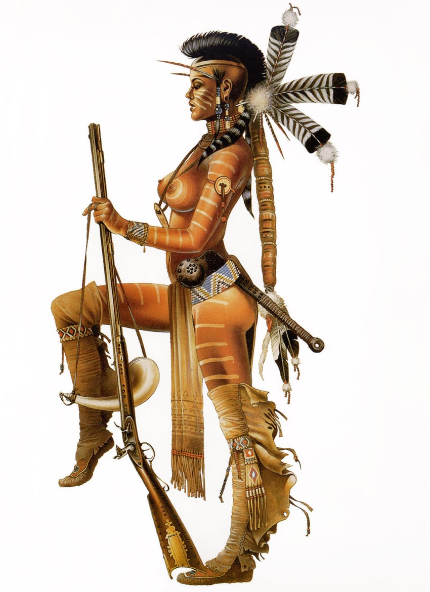 1girls ass black_hair body_markings bodypaint chris_achilleos dark-skinned_female dark_skin female gun native_american rifle solo tribal