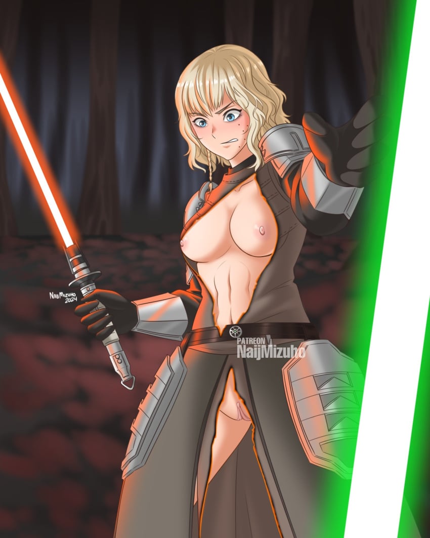 abs blonde_hair blue_eyes exposed_breasts exposed_pussy lightsaber naijmizuho partially_nude shin_hati star_wars tagme torn_clothes