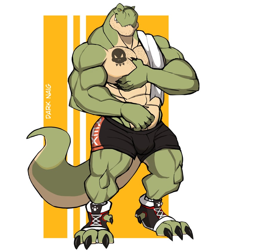 anthro balls bara barazoku bulge darknaigart dinosaur flaccid jace_(darknaig) male male_only muscles muscular penis scalie shirtless shorts solo solo_male tyrannosaurid tyrannosaurus tyrannosaurus_rex