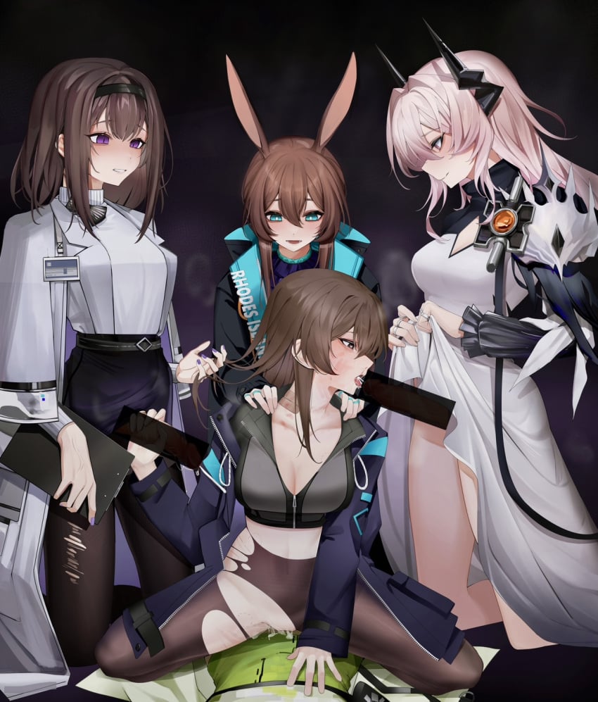 amiya_(arknights) arknights bite_marks censored doctor_(arknights) female female_doctor_(arknights) futanari kal'tsit_(arknights) multiple_futa priestess_(arknights) sumi_1800 theresa_(arknights) torn_pantyhose