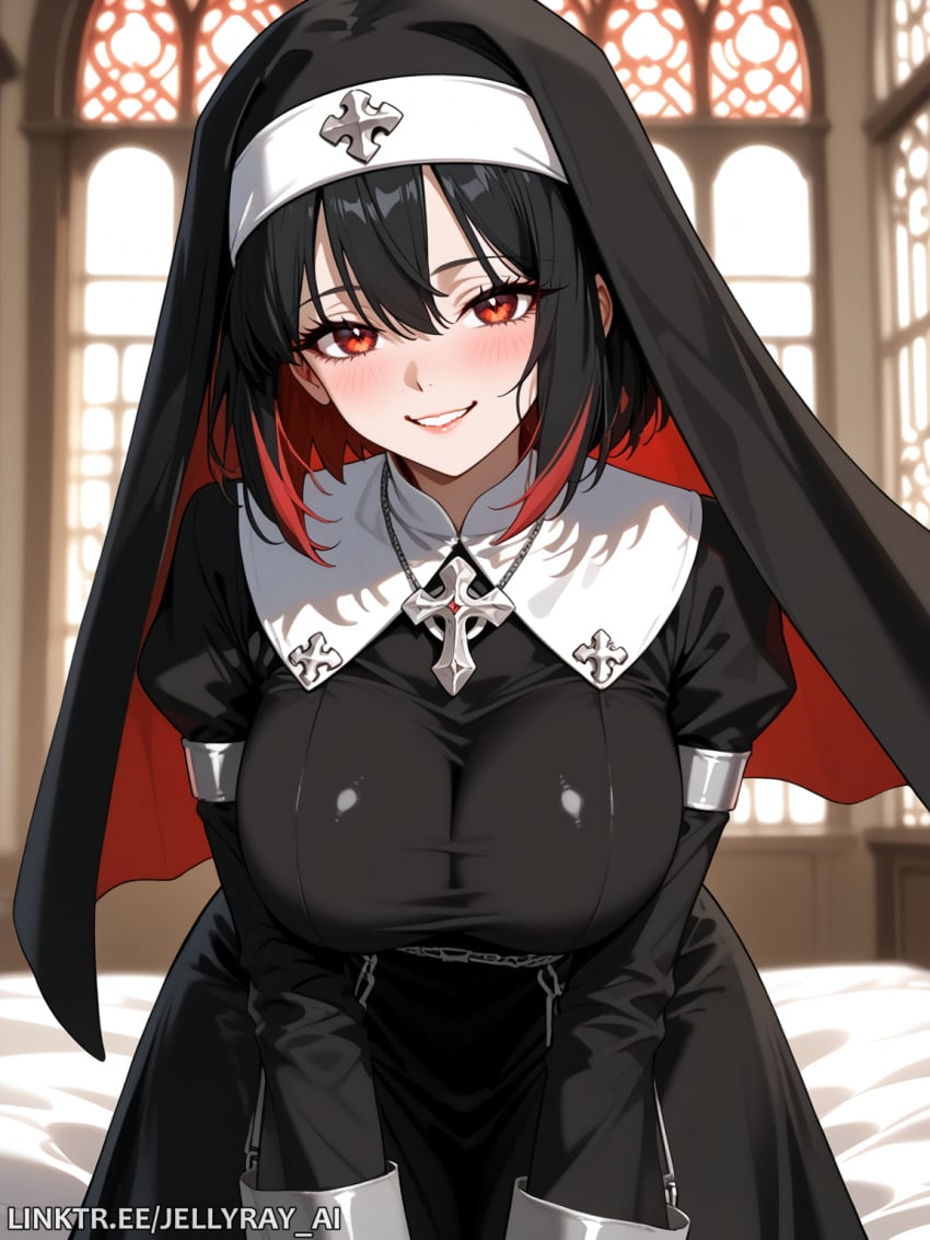 ai_generated bangs black_dress black_hair blush breasts cross dress female hair_between_eyes hwa_(i_killed_the_player_of_the_academy) i_killed_the_player_of_the_academy indoors jellyray_ai jewelry large_breasts long_sleeves looking_at_viewer multicolored_hair necklace nun parted_lips red_eyes red_hair short_hair smile solo two-tone_hair webtoon