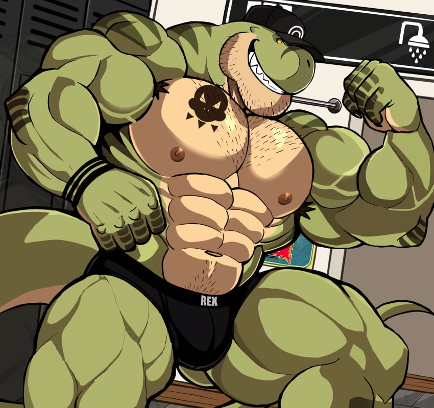 anthro balls bara barazoku bulge darknaigart dinosaur flaccid flexing jace_(darknaig) male male_only muscles muscular penis scalie solo solo_male tyrannosaurid tyrannosaurus tyrannosaurus_rex underwear underwear_only