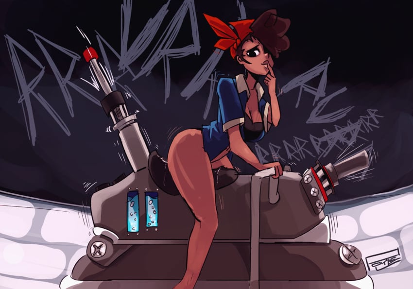 1girls bandana bottomless breasts brown_hair cleavage dark_skin female finger_to_mouth grinding large_breasts lips masturbation polyle pussy_juice roxie_(skullgirls) sex_machine short_hair signature skullgirls solo