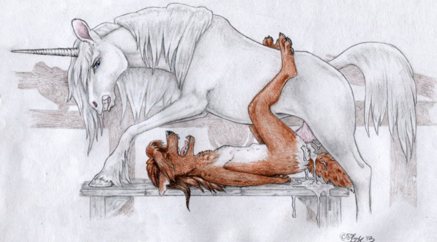 2013 anthro anthro_on_feral arms_behind_back bench brown_fur closed_eyes cum cum_in_pussy cum_inside equine female feral fur horn interspecies lying male mammal nude on_back penetration penis raised_legs sex straight unicorn vaginal_penetration white_fur windpaw zoophilia