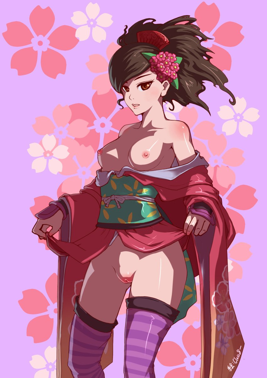 breasts brown_eyes brown_hair cless888 flower hair_flower hair_ornament highres japanese_clothes kimono kimono_lift kimono_pull momohime muramasa_the_demon_blade nipples no_panties off_shoulder pussy red_pussy striped striped_legwear thighhighs uncensored