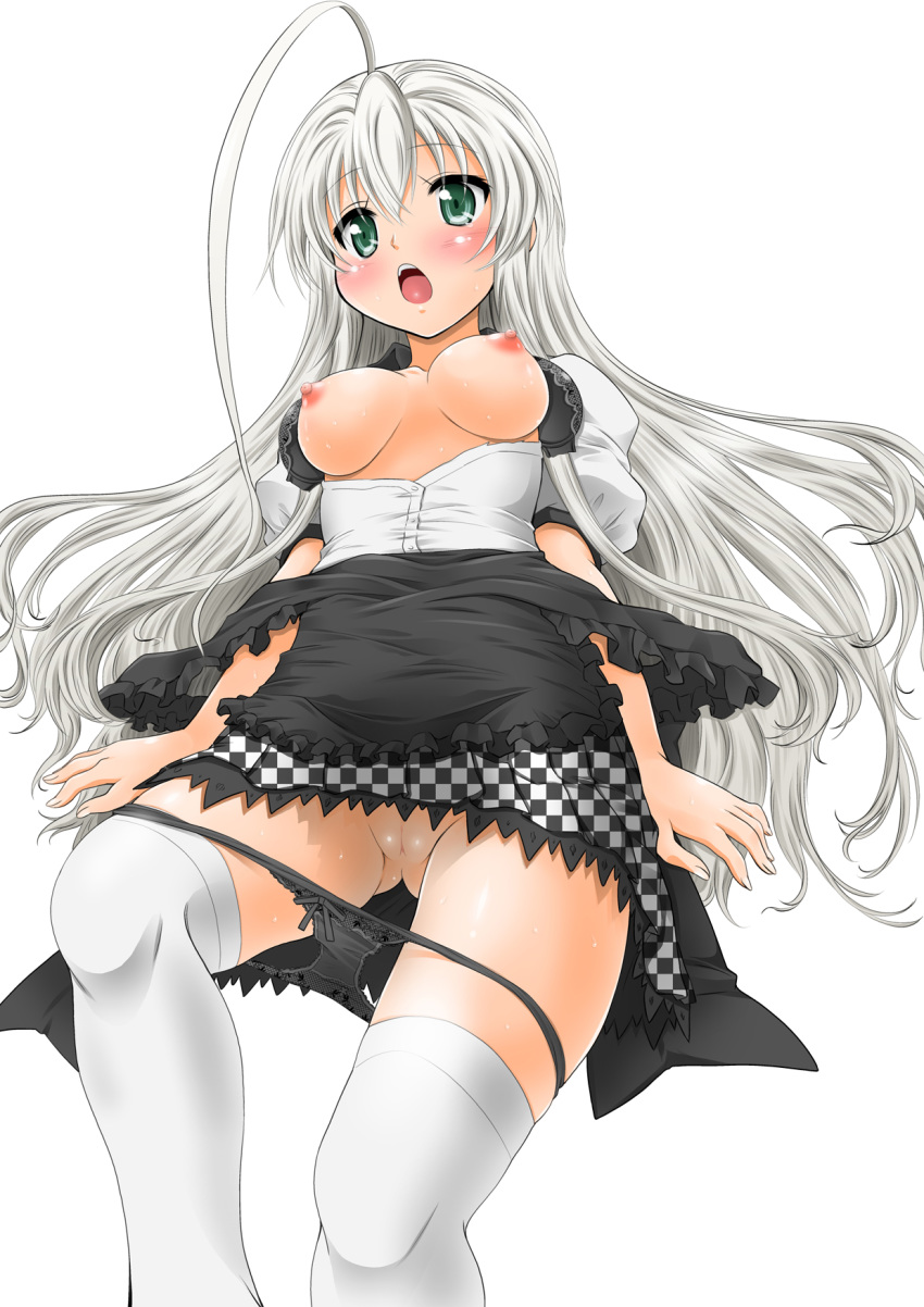 ahoge blush breasts female green_eyes haiyore!_nyaruko-san highres long_hair nipples nyarlathotep_(nyaruko-san) open_clothes open_mouth open_shirt panties panties_around_leg panty_pull pixiv_manga_sample pussy resized simple_background solo sweat thighhighs uncensored underwear very_long_hair white_background white_hair yoshitani-g yoshitani_motoka