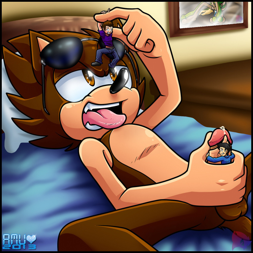 anthro balls bed black_nose brown_fur brown_hair coldsteel_the_hedgehog cum eyeswear fur glasses hair hedgehog human lying male male_only miniboy multiple_males nude on_back penis pillow sex size_difference sonic_(series) sunglasses teeth tongue vore what yaoi