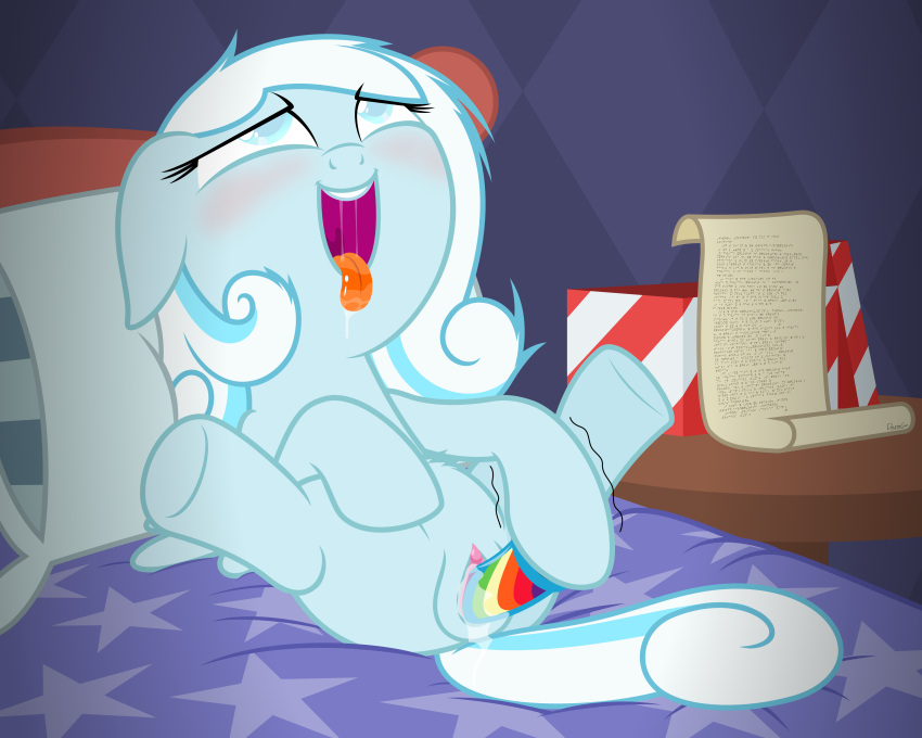 2013 bed blue_eyes blush braille clitoris dildo doucheclop equine female hair horse letter masturbation my_little_pony original_character pegasus pony pussy pussy_juice saliva sex_toy snowdrop_(mlp) solo text tongue tongue_out wings young