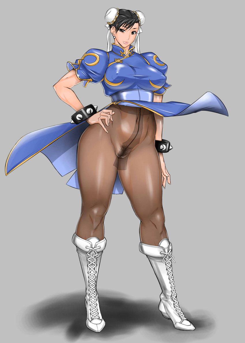 boots brown_hair bun_cover china_dress chinese_clothes chun-li double_bun female female_only highres human innie_pussy midou_tsukasa no_panties pantyhose solo standing street_fighter