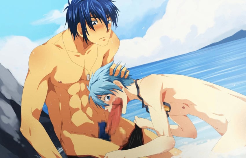 2boys :o abs beach black_monkey blackmonkey_pro blue_hair censored cum cum_in_mouth fellatio hair mazjojo muscle ocean oral pubic_hair sucking tan tan_skin water yaoi