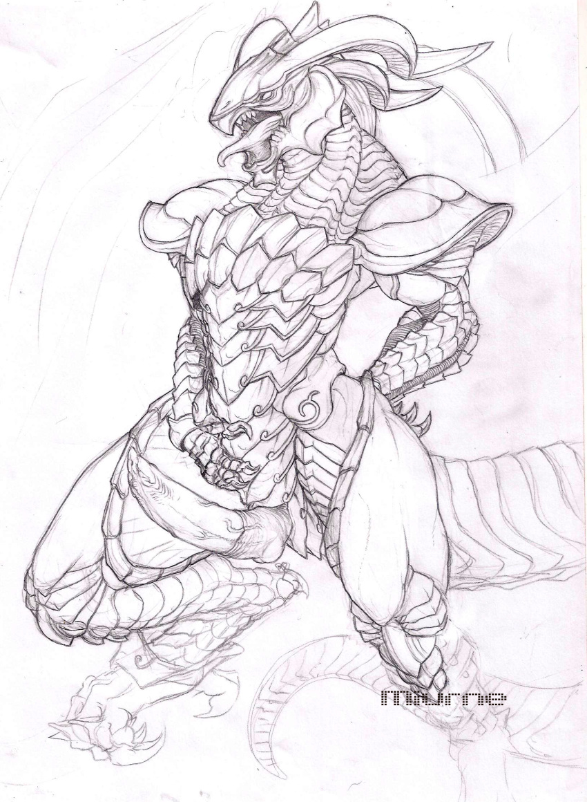 armor bahamut_(final_fantasy) big_penis claws dragon final_fantasy floating horn male male_only monochrome open_mouth penis plain_background rollwulf scalie sketch solo teeth thick_tail tongue vein video_games