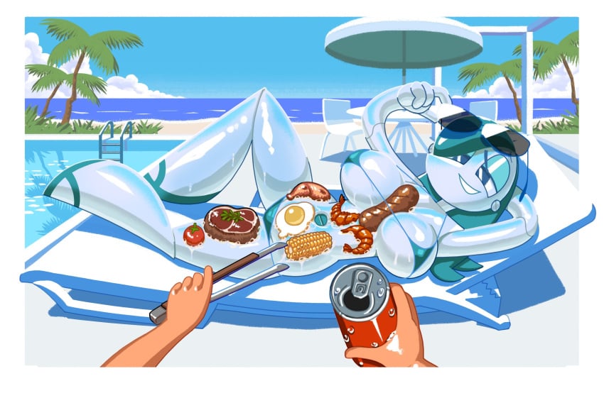 1girls 2026 2d bikini blue_hair breasts cleavage female female_focus food food_play grilling hair human jenny_wakeman minus8 my_life_as_a_teenage_robot nickelodeon pool poolside robot robot_girl sunglasses swimsuit swimwear umbrella white_body