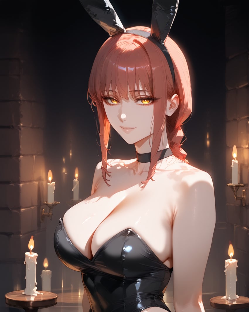 ai_generated alternate_costume animal_ears bangs bare_shoulders black_choker black_leotard braid braided_ponytail breasts brokewyt candle chainsaw_man choker cleavage closed_mouth collarbone fake_animal_ears female indoors large_breasts leotard lips long_hair looking_at_viewer makima makima_(chainsaw_man) playboy_bunny rabbit_ears red_hair sidelocks smile solo strapless strapless_leotard upper_body yellow_eyes