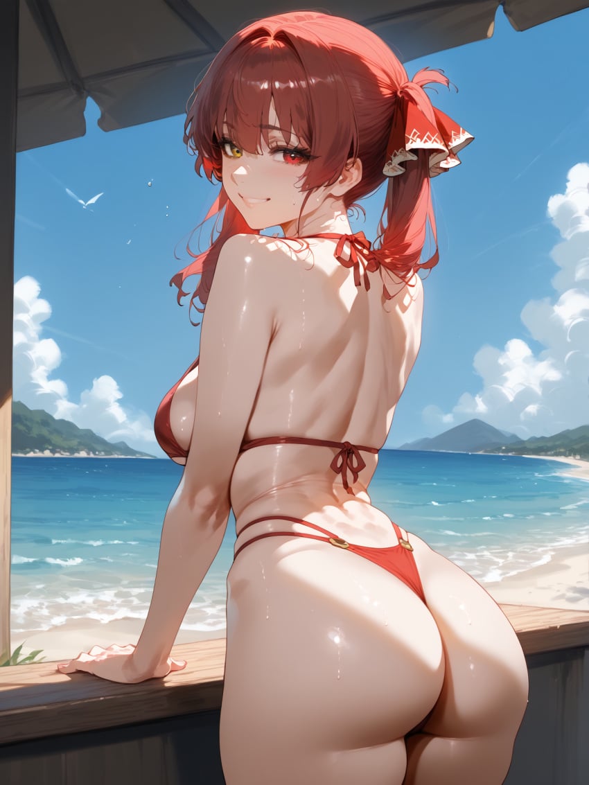 ai_generated arm_support ass back bangs bare_arms bare_shoulders beach bikini bird blue_sky blush breasts brokewyt cloud cowboy_shot day female from_behind grin hair_ribbon halterneck heterochromia highleg highleg_bikini hololive hololive_japan houshou_marine large_breasts long_hair looking_at_viewer looking_back median_furrow ocean outdoors parted_lips red_bikini red_eyes red_hair red_ribbon ribbon sand sideboob skindentation sky smile solo standing strap_gap string_bikini sunlight swimsuit thighs thong_bikini twintails virtual_youtuber water wet yellow_eyes