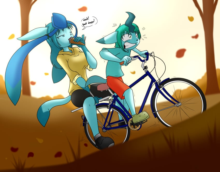 2girls autumn autumn_leaves bike bike_ride falling_leaves galia_(sandwich-anomaly) glaceon hoodie ice_cream kaostheory901 leafeon leaves lucario mari_(sandwich-anomaly) older_sister older_sister_younger_sister pokemon pokemon_(species) sandwich-anomaly sisters straining struggling trees uphill woods younger_sister