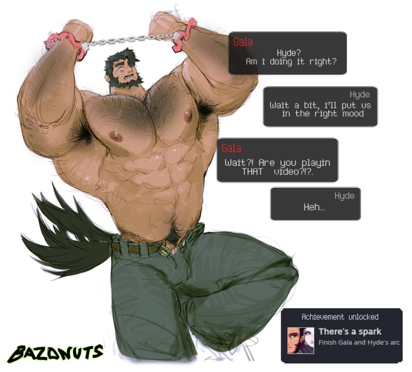 armpit armpit_hair armpits balls bara bazonuts beard big_balls big_penis body_hair bulge coffee_talk facial_hair flaccid gala_(coffee_talk) male male_only muscles muscular penis shirtless solo solo_male tail text_box werewolf