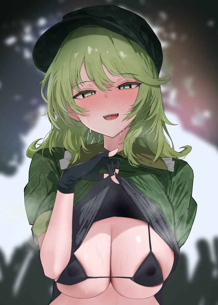 1girls 258n big_breasts breasts cap clothed_female green_eyes green_hair hat lifting_shirt light-skinned_female micro_bikini_top solo solo_female sweat takane_yamashiro touhou yamashiro_takane