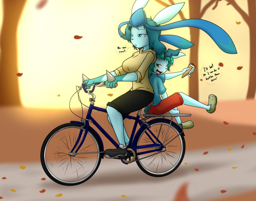 2girls autumn autumn_leaves bike bike_ride dialogue falling_leaves galia_(sandwich-anomaly) glaceon hoodie ice_cream kaostheory901 leafeon leaves lucario mari_(sandwich-anomaly) older_sister older_sister_younger_sister pokemon pokemon_(species) sandwich-anomaly shoes shorts sisters trees woods younger_sister