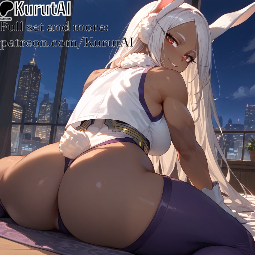 1girls ai_generated animal_ears artist_name artist_signature ass bare_shoulders boku_no_hero_academia breasts dark-skinned_female dark_skin from_behind fur_collar hi_res high_resolution highres kurutai large_breasts leotard long_hair looking_at_viewer looking_back mirko muscular my_hero_academia outdoors patreon playboy_bunny rabbit_ears rabbit_girl rabbit_tail red_eyes sitting smile solo superhero tail tail_through_clothes thighhighs thighs thong_leotard uncensored white_hair