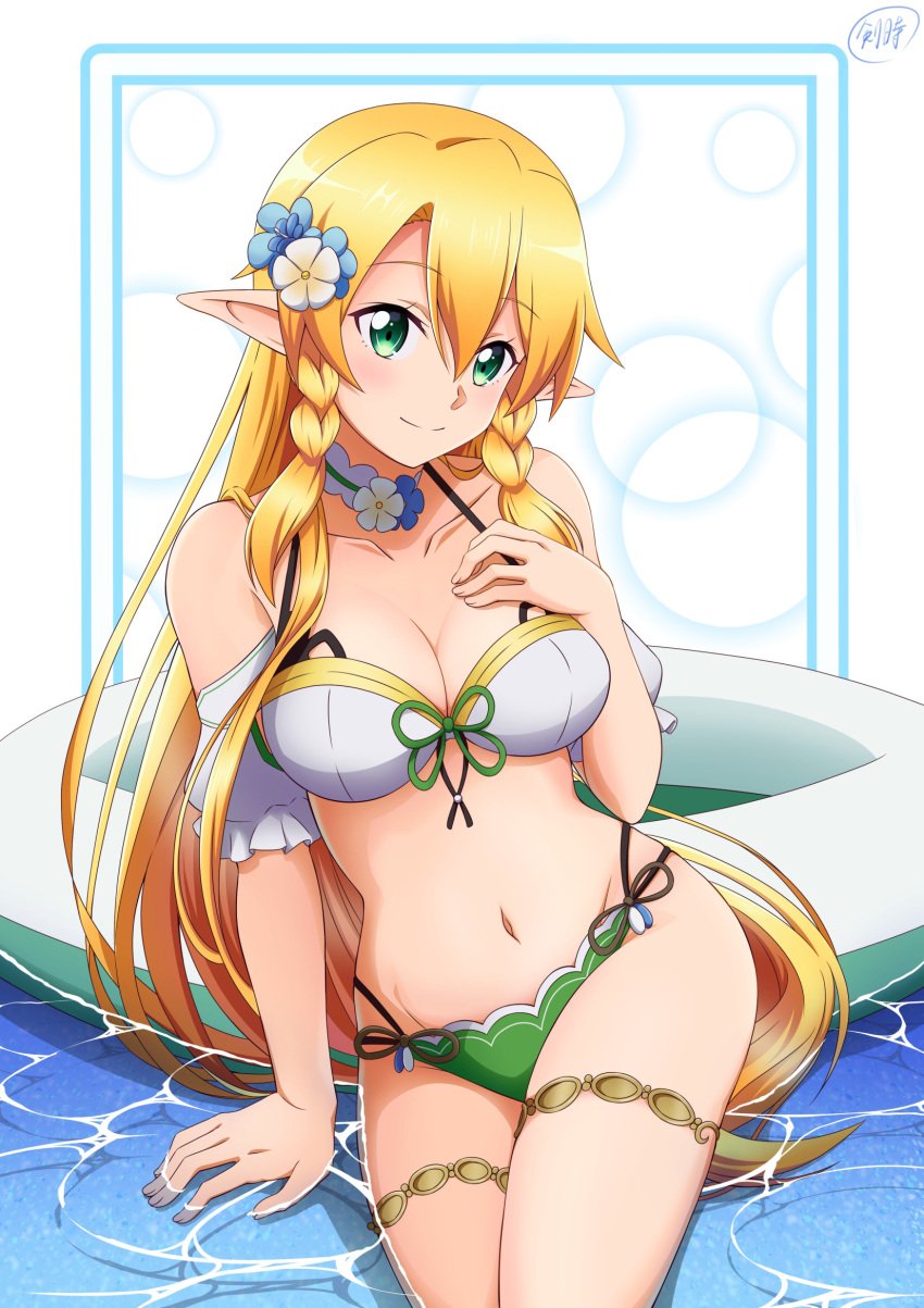 alluring bare_shoulders big_breasts bikini blonde_hair blue_flower blush braid cleavage collarbone commentary_request female flower front-tie_top green_bikini green_eyes hair_flower hair_ornament hand_on_own_chest head_tilt high_res innertube ken-ji leafa long_hair looking_at_viewer pointy_ears ponytail side-tie_bikini_bottom sitting smile swim_ring swimsuit sword_art_online thigh_strap twin_braids water white_bikini white_flower