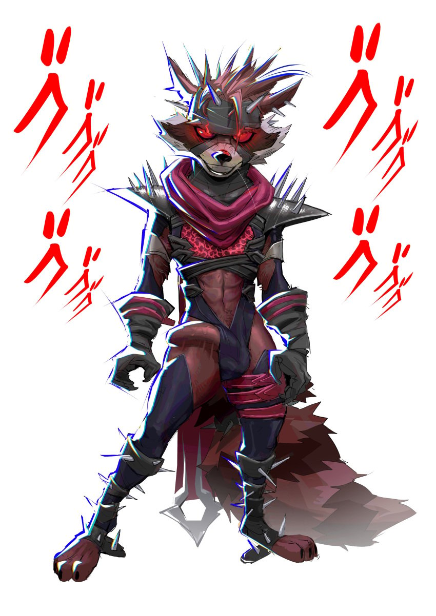 2025 abs absurd_res anthro athletic athletic_anthro athletic_male black_lips canid canine clothing concosive cosplay digital_media_(artwork) fluffy fluffy_tail fur genitals glowing glowing_eyes guardians_of_the_galaxy hi_res legwear lips male mammal markings marvel marvel_rivals menacing_(jojo) menacing_(meme) multicolored_body penis penis_poking_out pupils raccoon_dog red_pupils red_sclera rocket_raccoon simple_background solo spikes stockings striped_markings striped_tail stripes tail tail_markings toothy_grin vein veiny_penis white_body white_fur