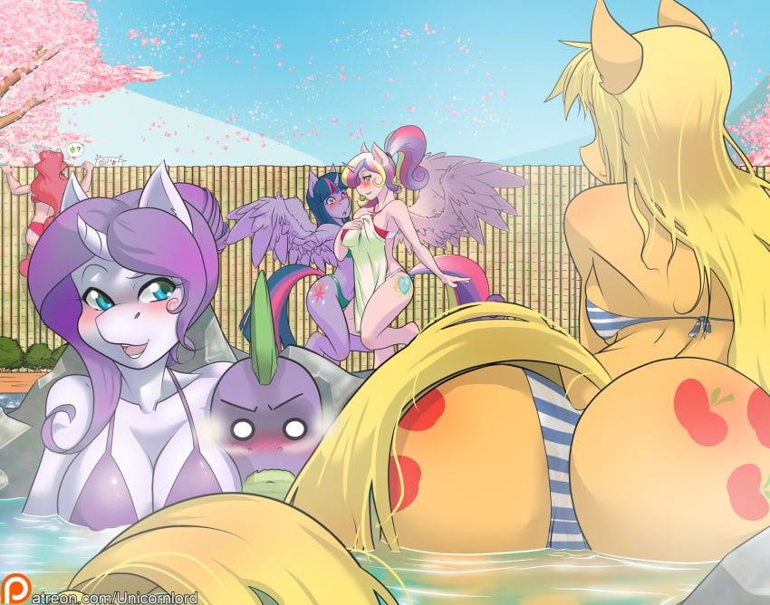 2015 alicorn anthro anthrofied applejack_(mlp) ass bikini blonde_hair blue_eyes blush cherry_blossom clothing cutie_mark dock_(anatomy) dragon earth_pony equid equine female flower friendship_is_magic gesture group hand_gesture hasbro hi_res horn horse long_hair mammal multicolored_hair my_little_pony mythological_creature mythological_equine mythological_scalie mythology oldman_artist open_mouth outside patreon pink_hair pinkie_pie_(mlp) plant pointing pony princess_cadance_(mlp) prunus_(flower) purple_hair rarity_(mlp) rear_view scalie spike_(mlp) swimwear tail towel tree twilight_sparkle_(mlp) unicorn water wings