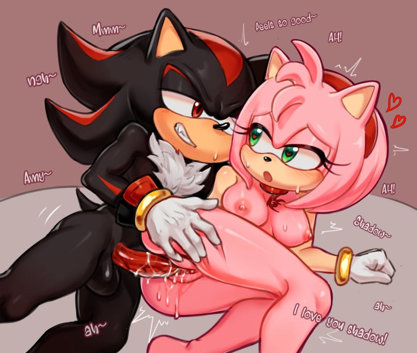 amy_rose cum_in_pussy genital_fluids genitals green_eyes heart heart-shaped_pupils mobian mobian_(species) pink_body pink_hair shadow_the_hedgehog sonic_(series) sonic_the_hedgehog_(series) text