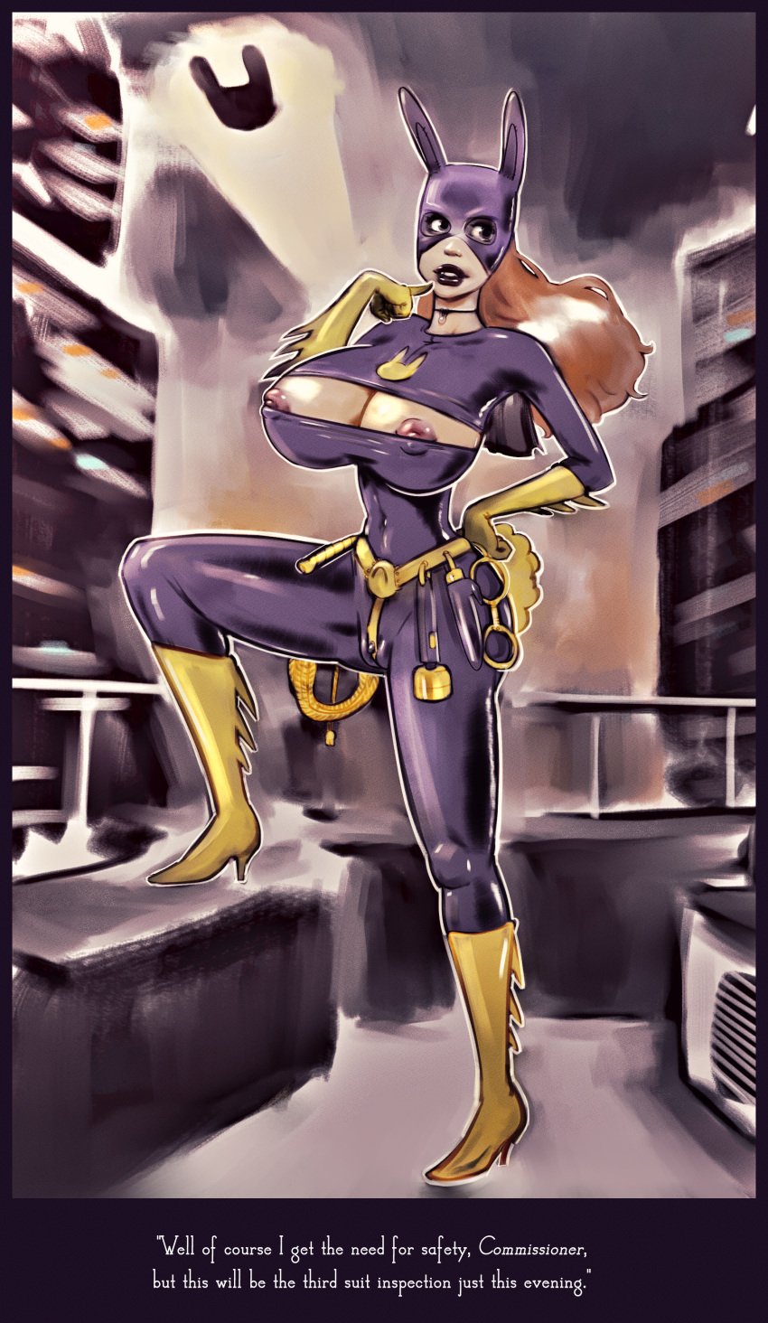 1girls alternative_costume batgirl big_breasts bimbo bunny_ears cameltoe caption clitoris drawthread_request red_hair redlever sex_toy solo solo_female superheroine