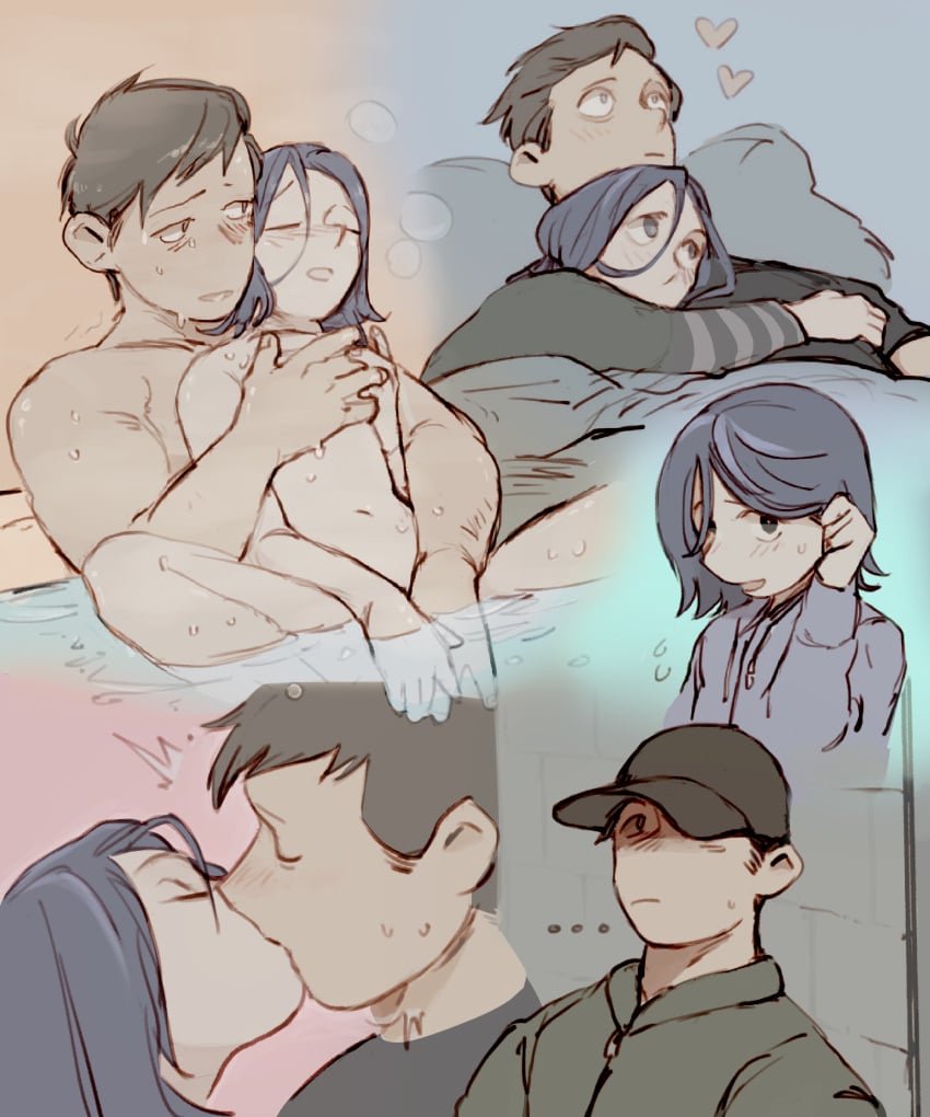 2024 ambiguous_gender angel_(clinical_trial) angel_martinez baseball_cap bath bed blue_eyes blue_hair blush brown_hair clinical_trial clinical_trial_(game) couple cuddling eyes_closed hamletmachine holding_breast hoodie hugging kissing lee_(clinical_trial) nude romantic size_difference sweating