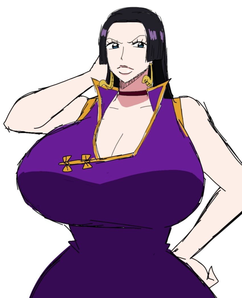 big_breasts black_hair blue_eyes boa_hancock breasts choker clothing dress ear_accessory ear_piercing earrings female female_only hand_on_head hips hourglass_figure large_breasts long_hair momiji_(artist) one_piece one_piece_film_3d2y pirate pirate_girl purple_dress serious serious_look simple_background white_background wide_hips