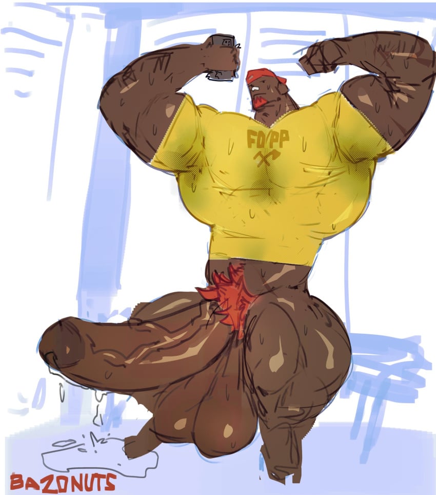 balls bara bazonuts big_balls big_penis boner bottomless erection facial_hair flexing huge_balls huge_cock male male_only muscles muscular pantsless penis promare solo solo_male sweat sweat_stain sweating varys_truss