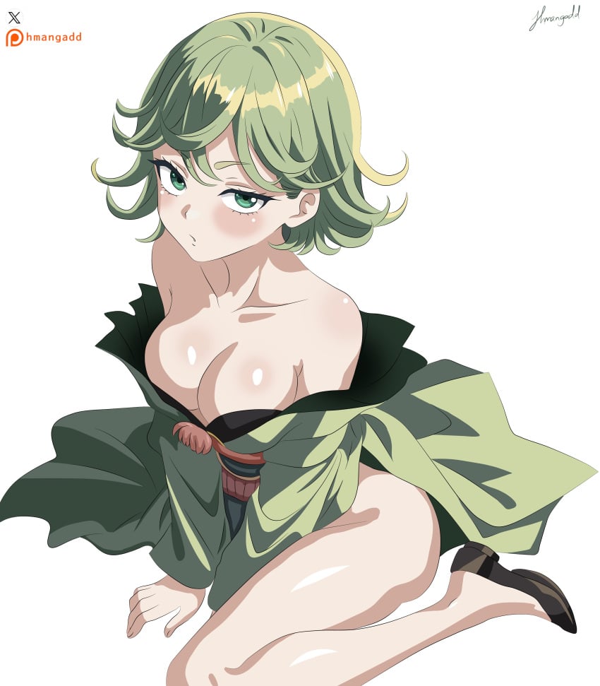 1girls absurdres artist_name between_legs black_shoes breasts collarbone curly_hair green_eyes green_hair green_kimono hand_between_legs highres hmangadd japanese_clothes kimono long_sleeves looking_at_viewer no_bra no_panties one-punch_man patreon_logo patreon_username short_hair signature simple_background sitting solo tatsumaki three-quarter_sleeves twitter_x_logo wariza white_background