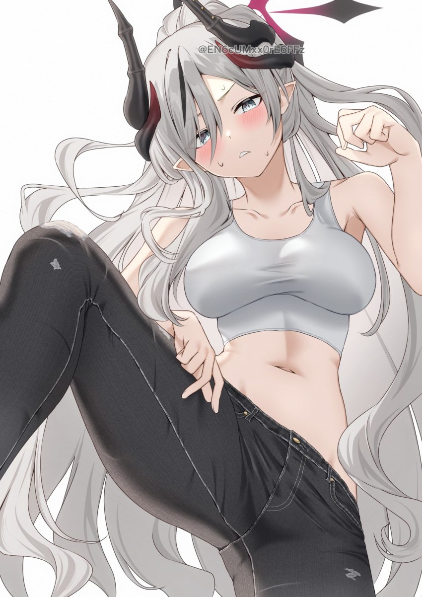 1girls adult adult_female armpits artist_request bare_armpits bare_arms bare_belly bare_hands bare_midriff bare_navel bare_shoulders bare_skin belly belly_button black_halo black_horn black_horns black_jeans blue_archive blue_eyes blue_eyes_female blush blush_face blush_lines blushed_face blushing_at_viewer blushing_face blushing_female breasts busty busty_female busty_girl calves character_request collarbone copyright_request dot_nose elbows embarrassed embarrassed_exposed_female embarrassed_expression embarrassed_female exposed_armpits exposed_arms exposed_belly exposed_midriff exposed_navel exposed_shoulders exposed_skin fair_skin female female_focus female_only fingernails fingers hair_between_eyes halo head_tilt high_resolution highres horn horns jeans knees large_breasts lean_body lean_figure legs legs_apart legs_spread light-skined_female light-skinned light-skinned_female light_skin light_skin_female light_skinned light_skinned_female long_hair looking_at_viewer looking_down looking_down_at_viewer mature mature_female midriff narrow_waist navel pointy_ears shoulders simple_background slender_body slender_waist slim_girl slim_waist smooth_skin solo spread_legs spreading_legs spreading_thighs standing tank_top thick_thighs thighs thin_waist tilted_head topwear underboob upper_body v-line very_long_hair white_background white_eyebrows white_hair white_hair_female white_tank_top white_topwear