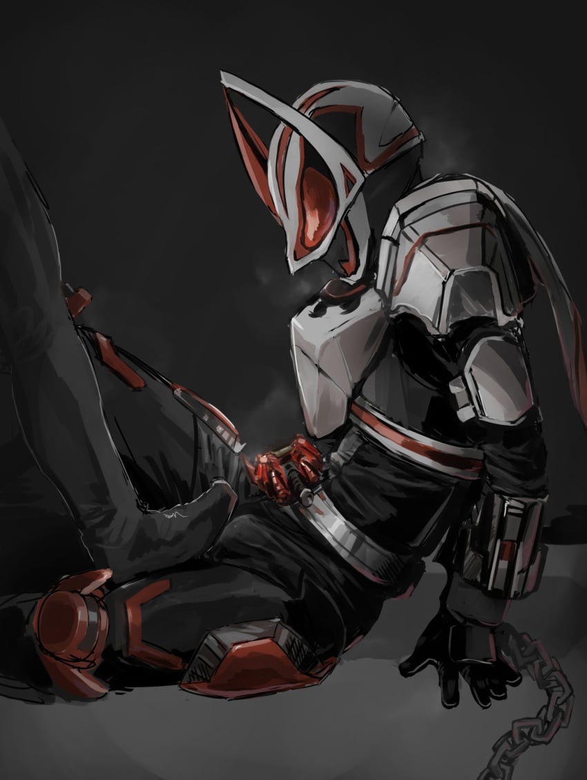 1boy ace_ukiyo armor armored_male belt bodysuit bodysuit_bulge erection erection_under_bodysuit foot_on_penis fox fox_ears heavy_breathing helmet hi_res kamen_rider kamen_rider_geats kamen_rider_geats_(series) kitsune looking_down looking_down_at_self male male_focus male_only mask masked masked_male scarf shackled shackled_wrists shackles side_view stepped_on stepping_on_penis unseen_character unseen_male_face white_armor white_scarf