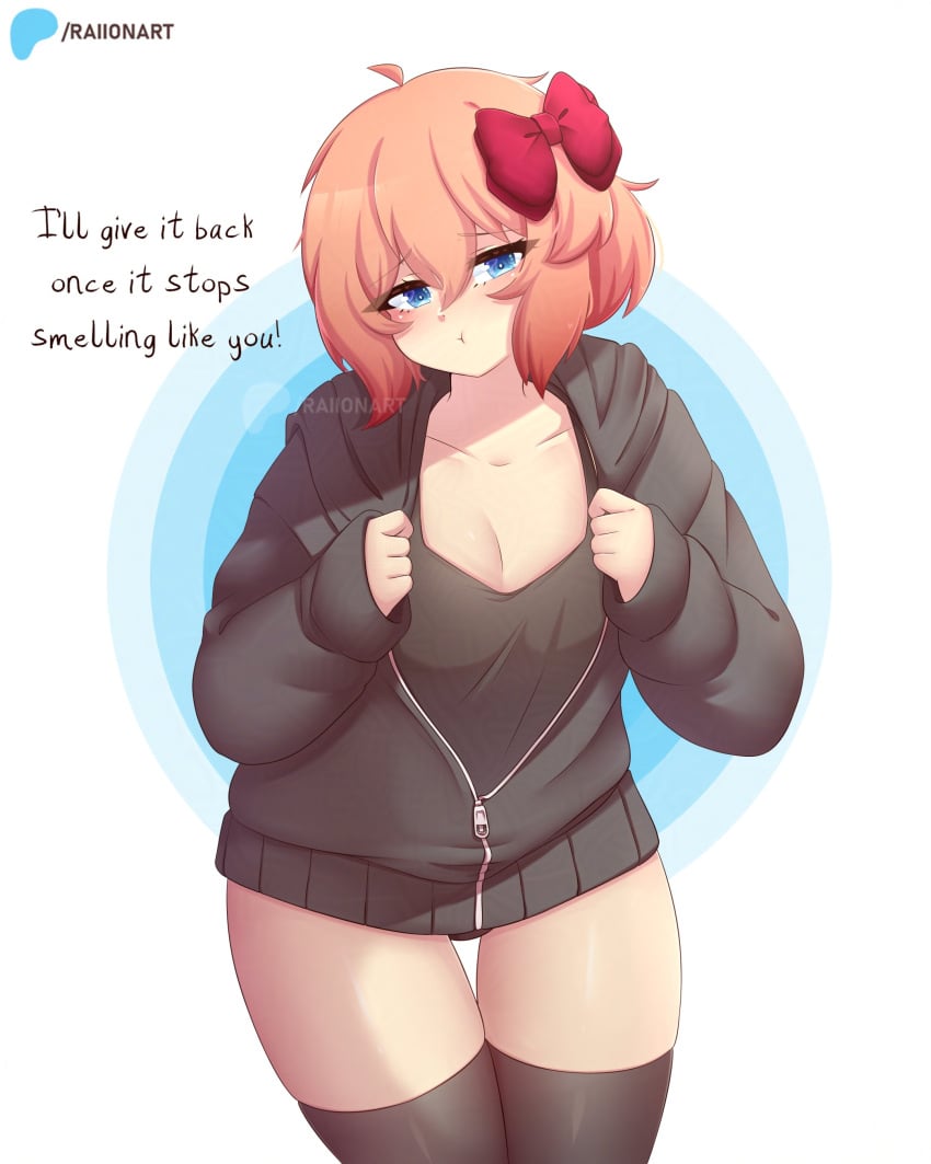 black_clothing black_jacket black_stockings blue_eyes breasts coral_brown_hair doki_doki_literature_club looking_at_viewer medium_breasts raionart sayori_(doki_doki_literature_club) stockings stolen_jacket thigh_gap thigh_highs thighs thighs_together white_background