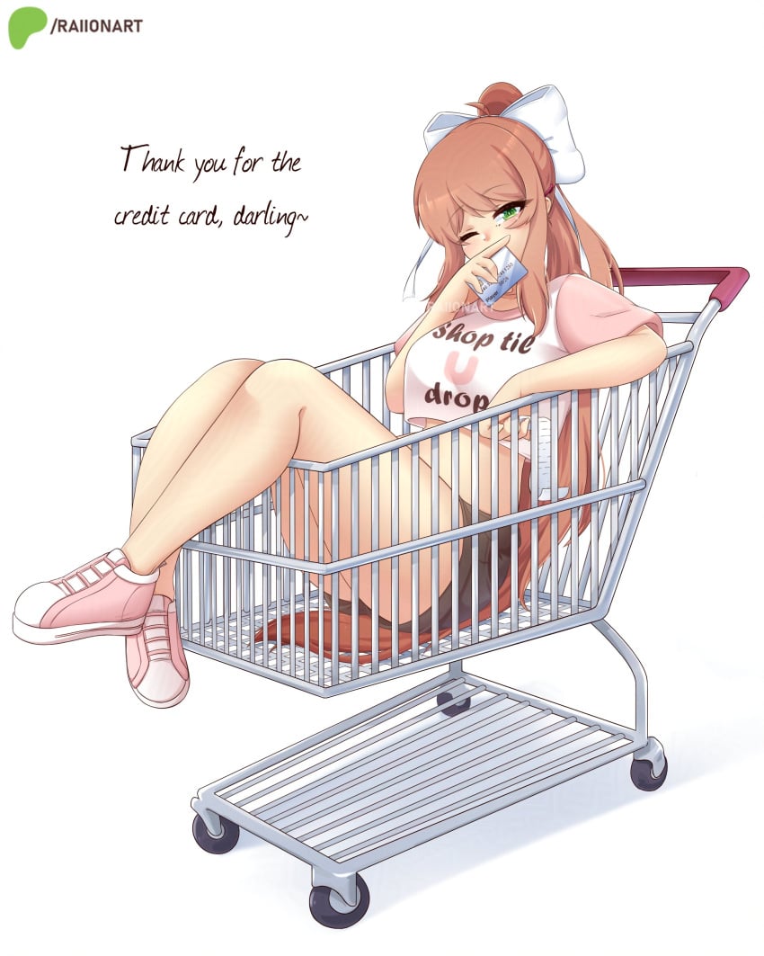 1girls credit_card doki_doki_literature_club english_text female green_eyes in_shopping_cart looking_at_viewer monika_(doki_doki_literature_club) raionart shopping_cart thighs thighs_together very_long_hair white_background white_ribbon