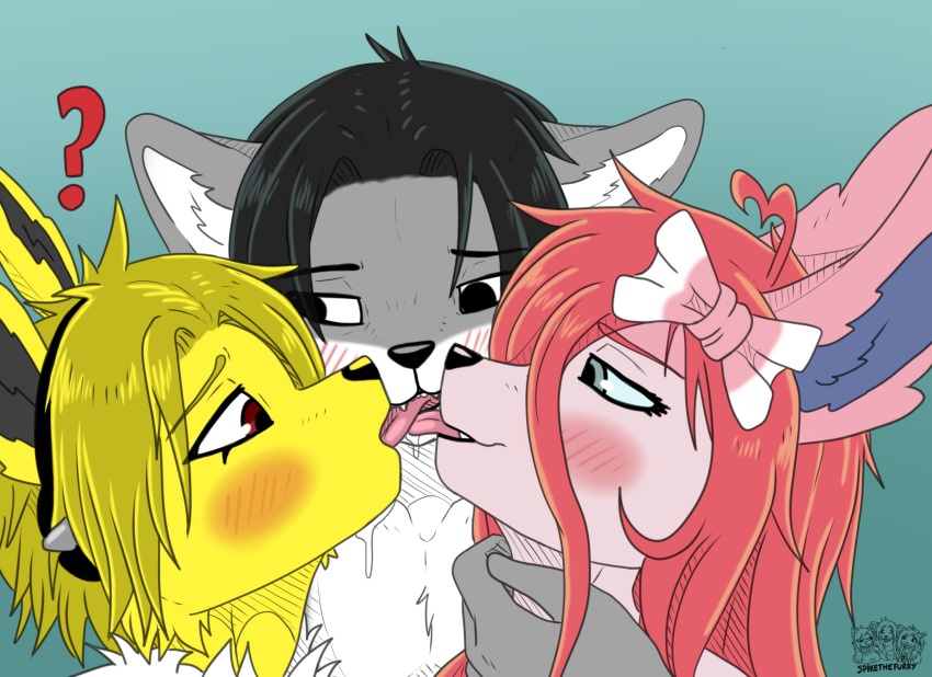 anthro anthrofied black_eyes black_hair black_nose blonde_hair bodily_fluids canid canine canis collaborative eeveelution female fur generation_1_pokemon generation_6_pokemon grey_body grey_fur group hi_res hybrid jolteon jolyne_(spikethefurry) male male/female mammal nintendo pink_body pink_fur pink_hair pokemon pokemon_(species) pokemorph red_eyes saliva spike_(spikethefurry) spike_the_furry sylveon sylvie_(spikethefurry) tongue tongue_out trio white_body white_fur wolfdog yellow_body yellow_fur