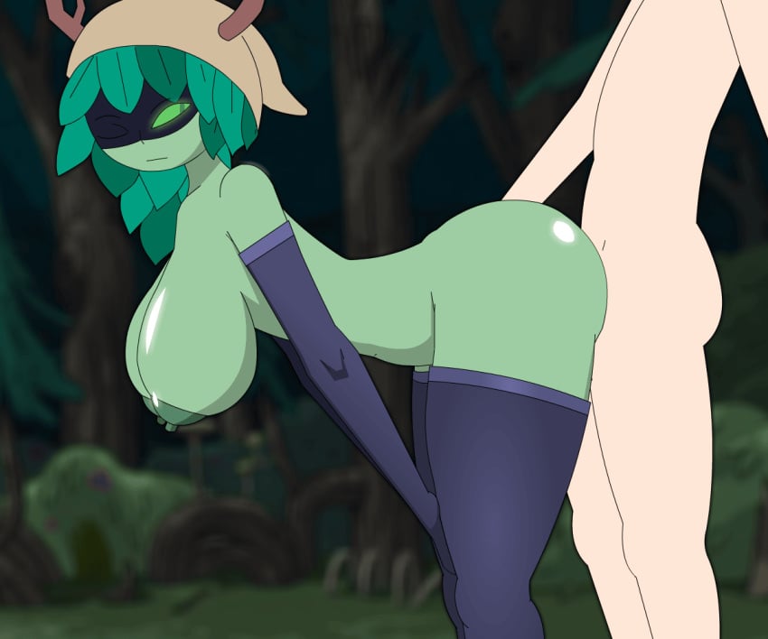 1boy 1girls adventure_time finn_the_human forest green_eyes green_hair green_nipples green_skin huntress_wizard light-skinned_male looking_at_partner looking_pleasured nude one_eye_closed thighhighs