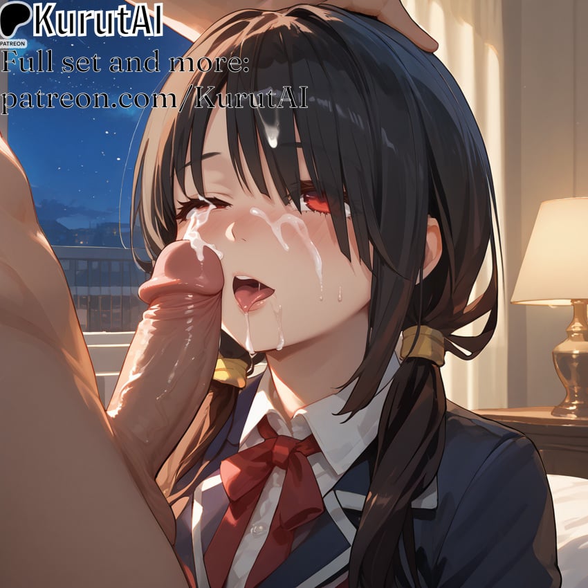 1boy 1girls after_fellatio ai_generated artist_name artist_signature bangs black_hair blush clothed_female_nude_male cum cum_in_mouth cum_on_body cum_on_tongue date_a_live erection facial hand_on_another's_head hi_res high_resolution highres kurutai long_hair nude open_mouth patreon penis penis_on_face red_eyes solo_focus straight tokisaki_kurumi tongue tongue_out twintails uncensored