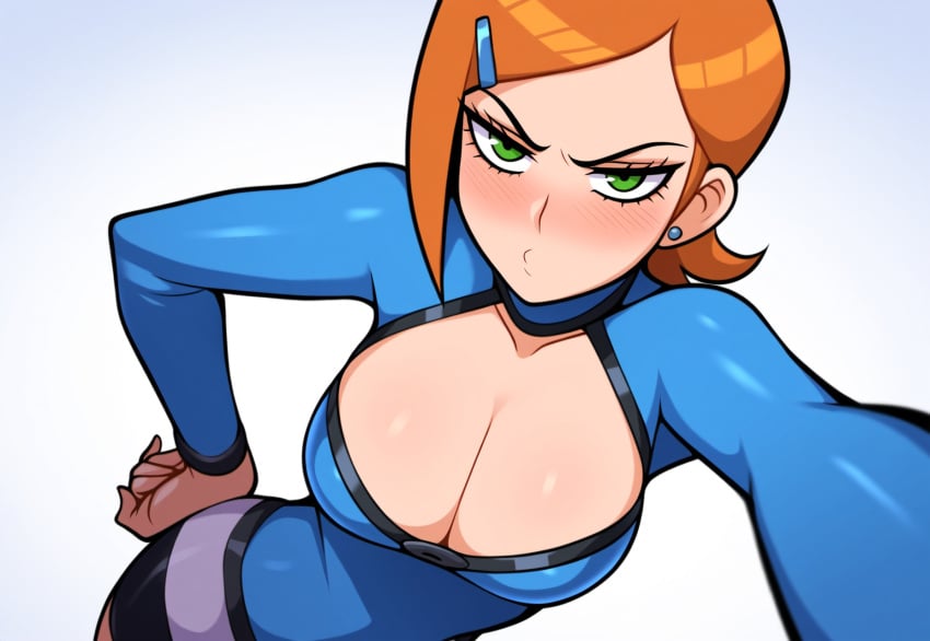 1girls aged_up ai_generated alternate_breast_size alternate_costume ben_10 big_breasts cartoon_network female female_only green_eyes gwen_tennyson high-angle_view large_breasts looking_at_viewer mullon novelai orange_hair smile solo thick_thighs